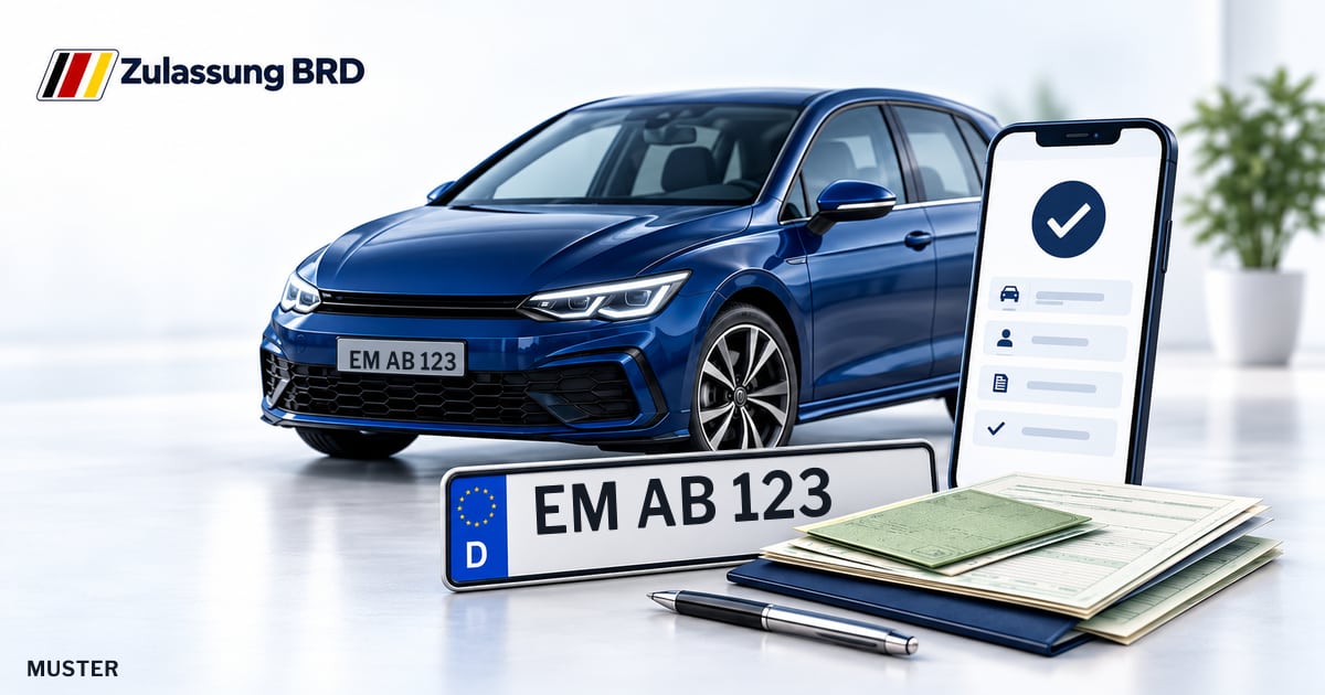 Online Fahrzeugzulassung in Waldkirch: Musterkennzeichen EM AB 123, Auto und Fahrzeugpapiere und Smartphone. Illustration mit Logo von Zulassung BRD.